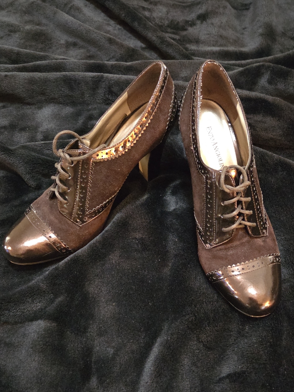 Brown Suede and Metallic Brown Cap-Toe Lace-Up Heels